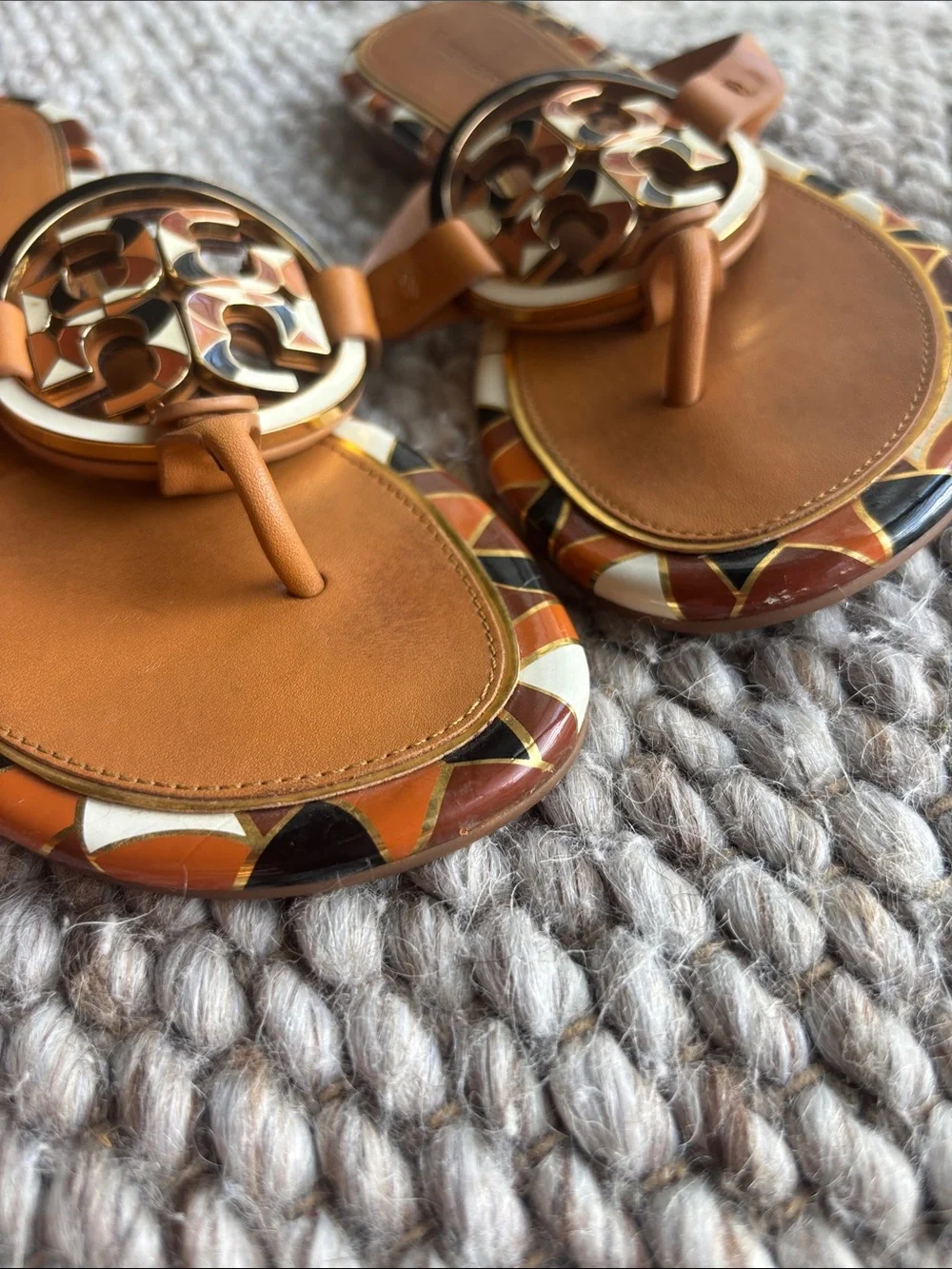 Tory Burch Tan Leather Logo Thong Sandals with Multicolor Trim